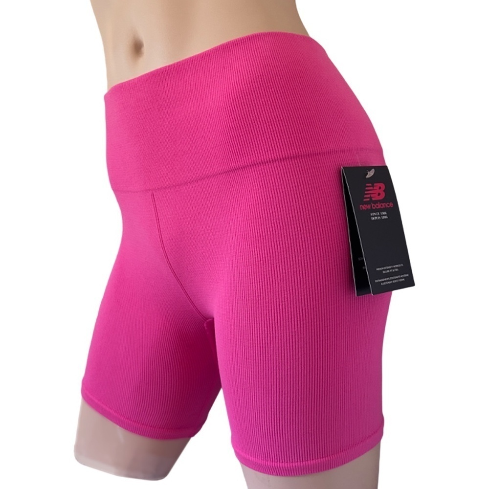 New Balance Ribbed Biker Shorts Fitness Athletic Wear Yoga Hi Waist Rose Pink